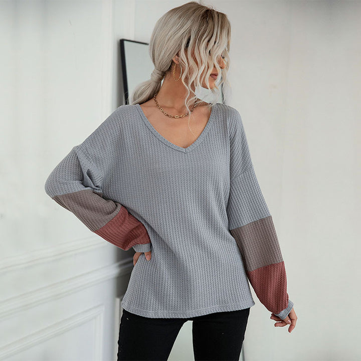Damen Legeres Waffelstrick-Tunika-Shirt mit V‑Ausschnitt und Colorblock-Ärmeln – Mavelle