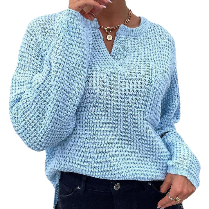 Damen Waffelstrick-Pullover mit V-Schlitz, oversized Schnitt und Ballonärmeln Echo Archiv