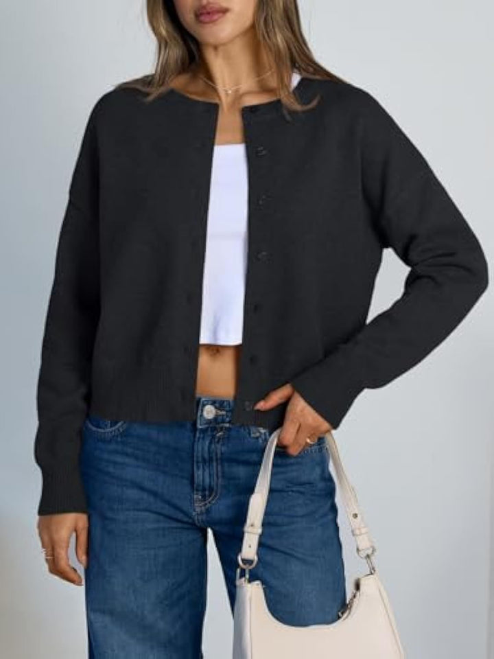 Damen Cropped Strickjacke im Boxy‑Schnitt mit Rundhals und Rippbündchen – Veloura