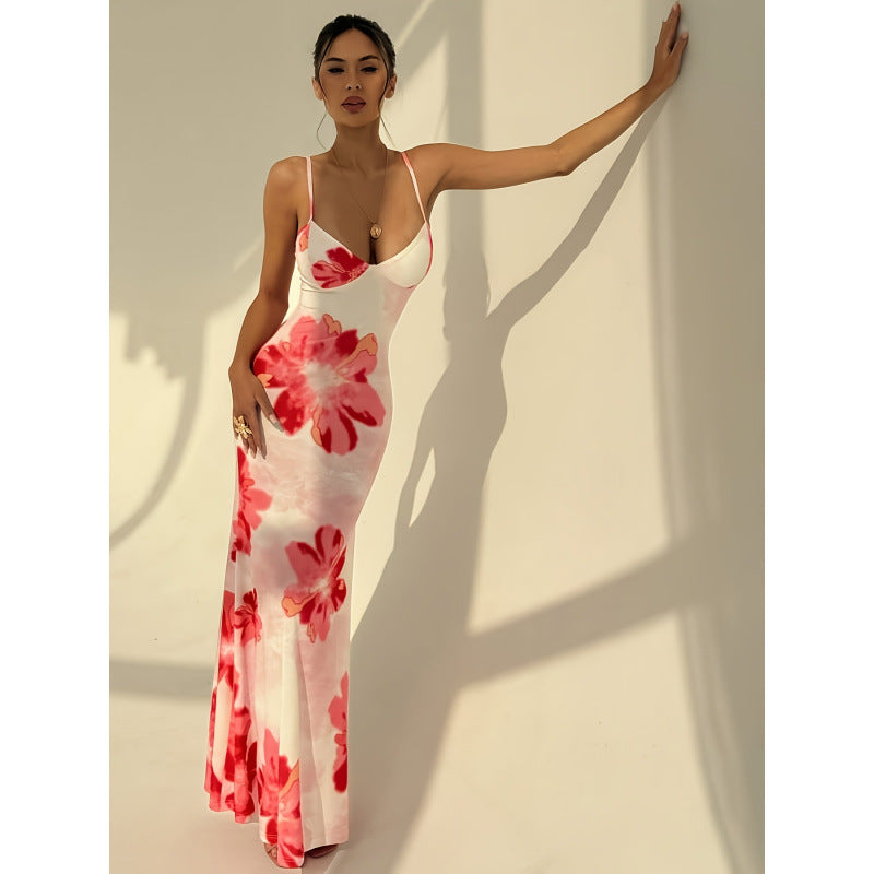 Damen Maxikleid mit zarten Spaghettiträgern und floralem Design Echo Archiv