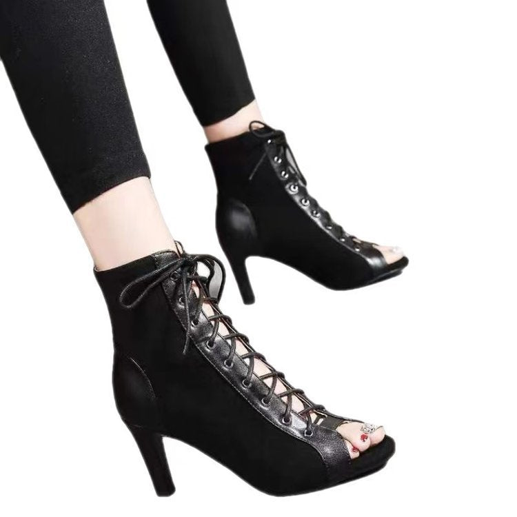 Damen Offene-Zehen Schnürstiefelette mit Wildleder-Optik und Stiletto-Absatz – Lioré