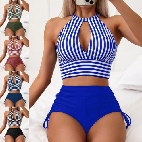 Damen Triangel-Bikini-Set mit gestreiftem Oberteil und hohem Bund Echo Archiv