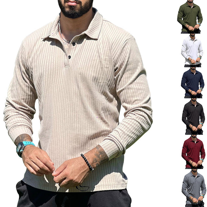 Herren nan geripptes Langarm-Poloshirt mit Henley-Knopfleiste und elastischem Baumwollstretch Echo Archiv