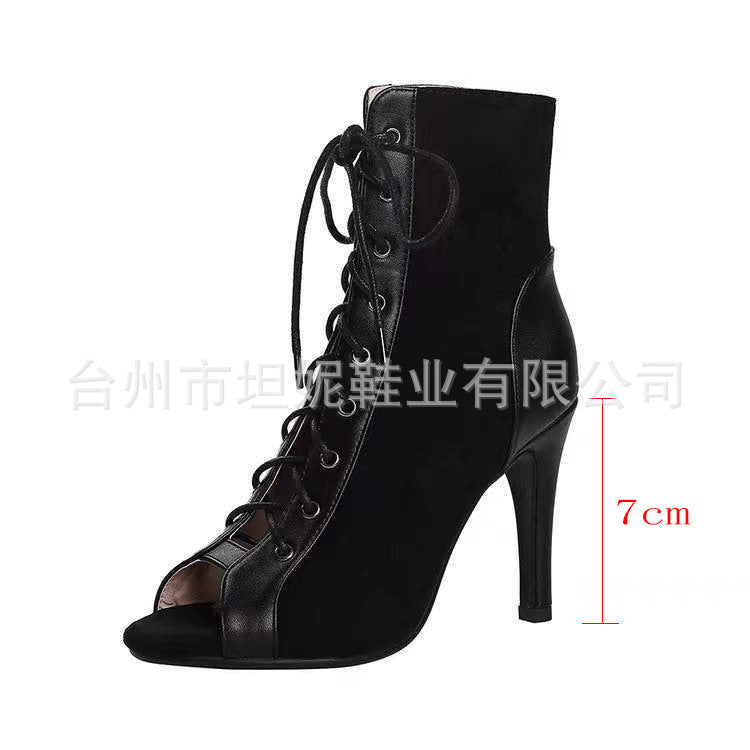 Damen Offene-Zehen Schnürstiefelette mit Wildleder-Optik und Stiletto-Absatz – Lioré