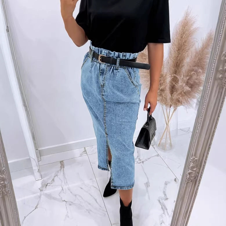 Damen Hochtaillierter Paperbag-Denim-Midirock mit Frontschlitz und Bindegürtel Echo Archiv