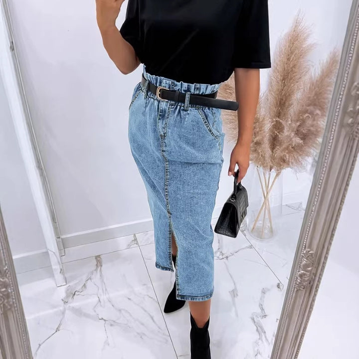 Damen Hochtaillierter Paperbag-Denim-Midirock mit Frontschlitz und Bindegürtel Echo Archiv