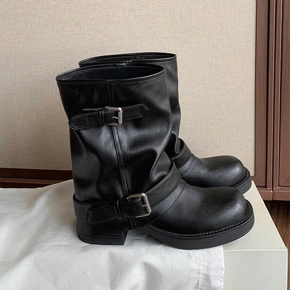 Damen Wadenhohe Bikerstiefel aus Glattleder mit Doppelschnallen und gerafftem Schaft Echo Archiv