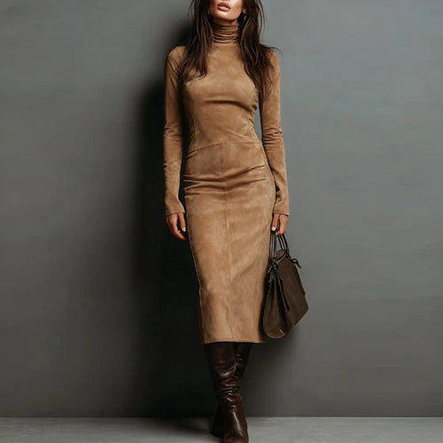 Damen Tailliertes Midi Kleid im Samt-Look mit Rollkragen und maßgeschneiderter Silhouette – Élara