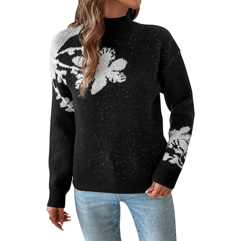 Damen Floraler Intarsia-Strickpullover mit Stehkragen und lockerer Silhouette Echoarchiv