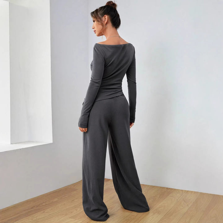 Damen Lässiges Two‑Piece Lounge‑Set mit U‑Boot‑Ausschnitt, taillierter Drapierung und weitem Palazzohose Echo Archiv