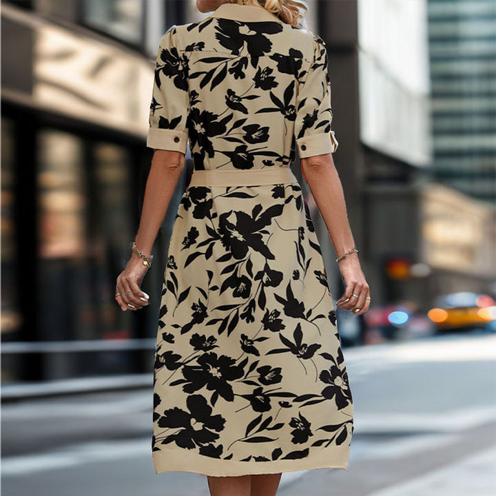 Damen Tailliertes Blusenkleid mit Taillengürtel, Frontknopfleiste und Frontschlitz – Élara
