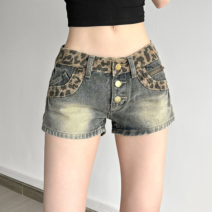 Damen Leoprint Denim-Shorts mit Knopfdetails und elastischem Bund Echo Archiv