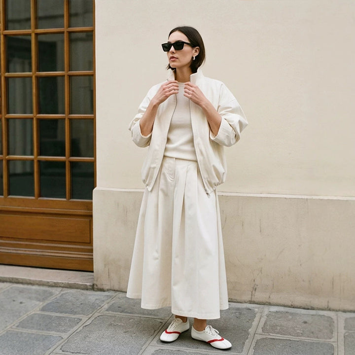 Damen Oversize Cropped-Blouson mit Tunnelzug und fließendem Maxi‑Rock mit Beinschlitz Echoarchiv