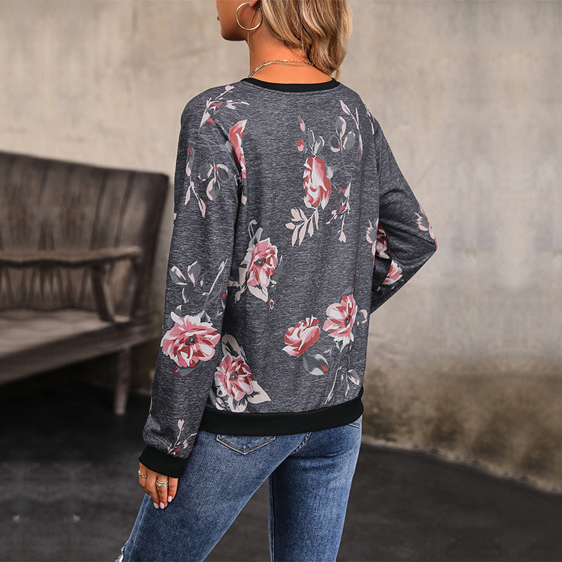 Damen Lässiges Raglan-Sweatshirt mit floralem Print und Rippbündchen Echoarchiv