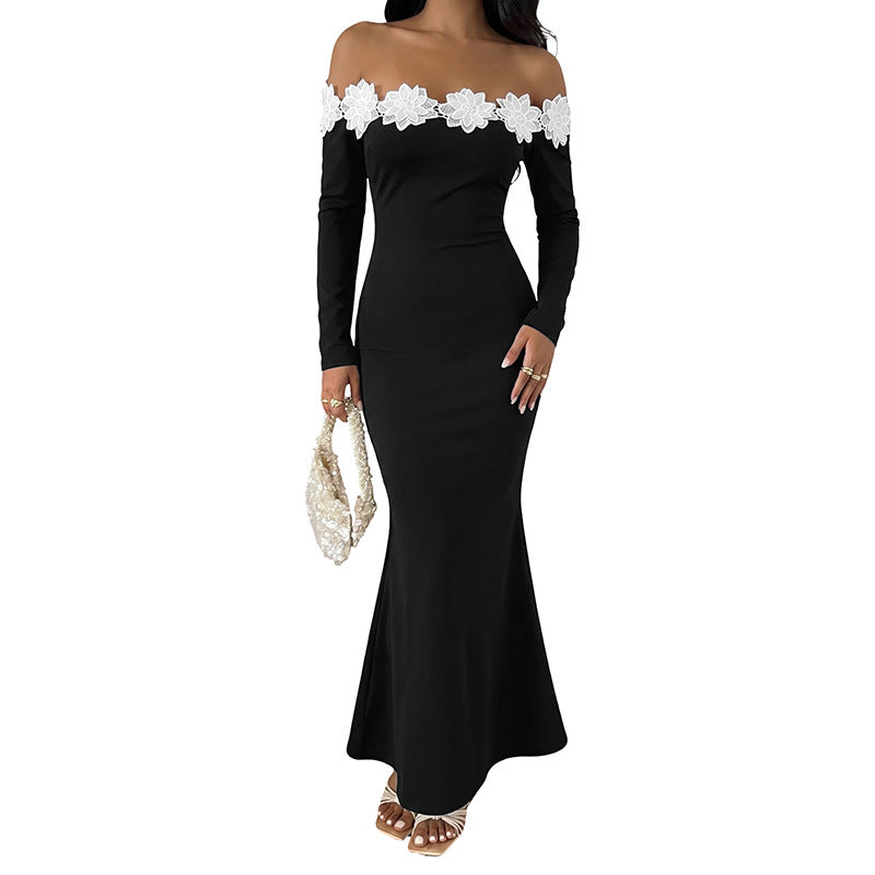Damen Schulterfreies Maxikleid mit Carmen‑Ausschnitt, figurbetonter Silhouette und Spitzenblütenbesatz – Valéora