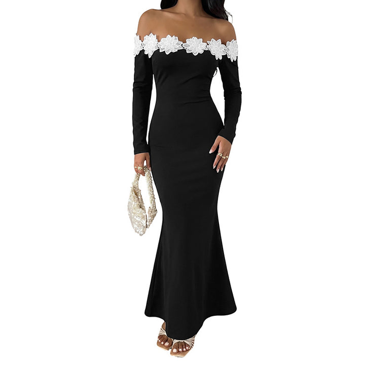 Damen Schulterfreies Maxikleid mit Carmen‑Ausschnitt, figurbetonter Silhouette und Spitzenblütenbesatz – Valéora