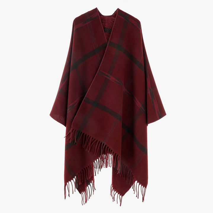 Damen Weit geschnittener Karierter Poncho mit Fransen und V‑Ausschnitt – Avérine