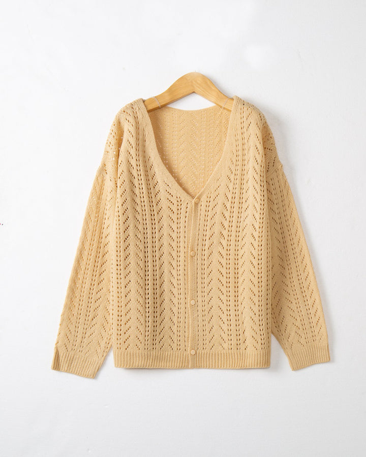 Damen Leichte Ajour-Strickjacke mit tiefem V-Ausschnitt und Knopfleiste Echo Archiv