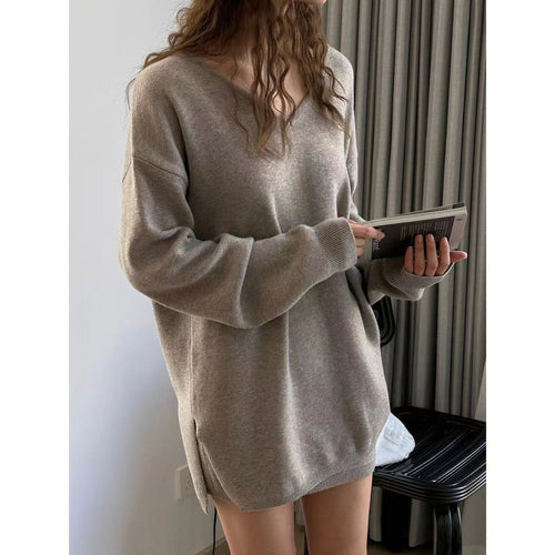 Damen Oversized V-Ausschnitt Feinstrick-Longpullover mit Seitenschlitzen Echoarchiv