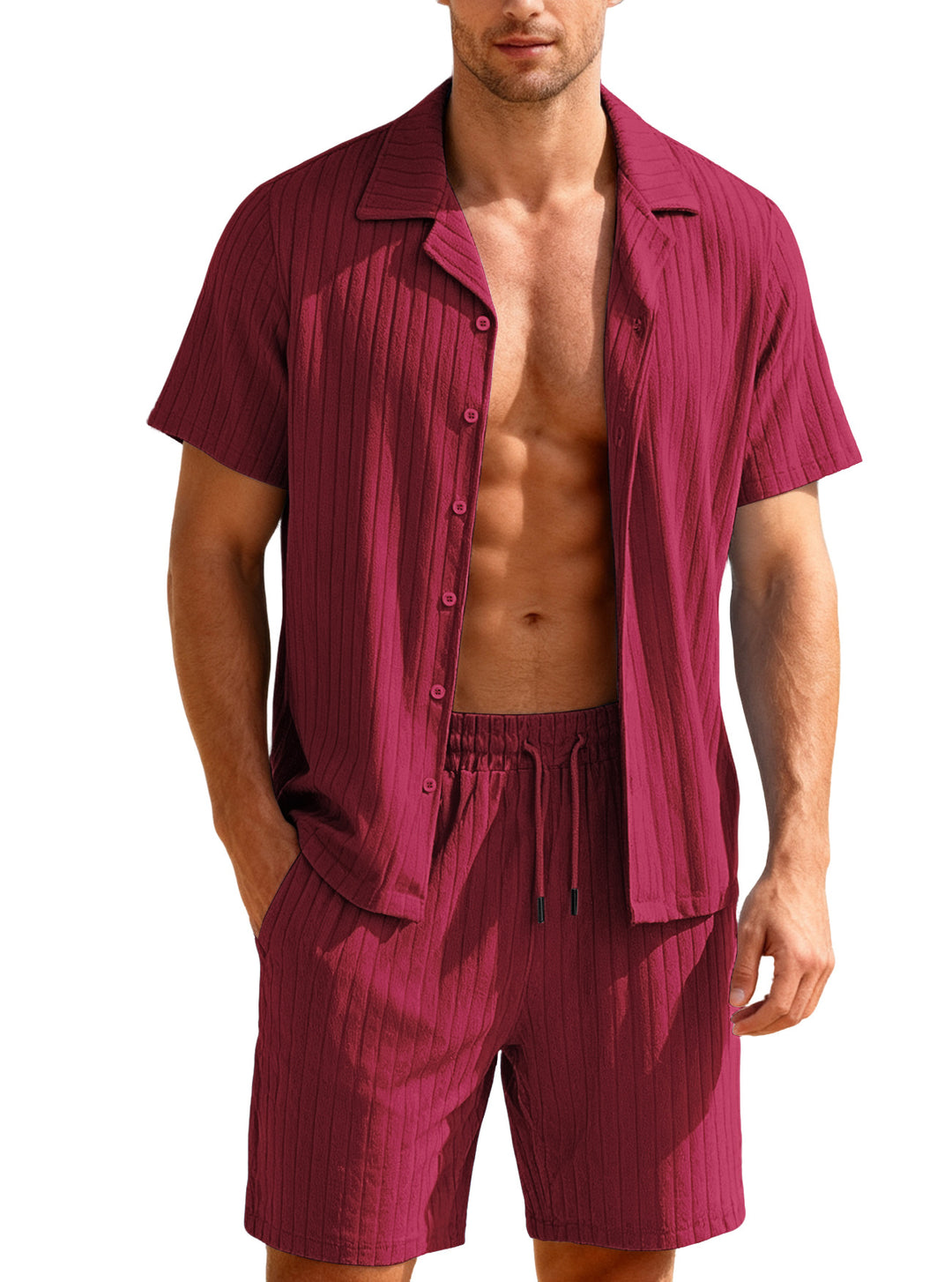 Herren nan geripptes Feinstrick-Lounge-Set mit kurzärmligem Revershemd und Kordelshorts Echo Archiv