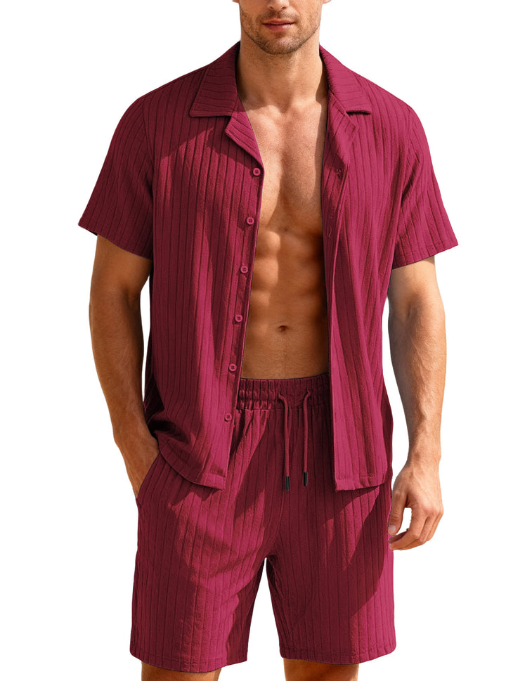 Herren nan geripptes Feinstrick-Lounge-Set mit kurzärmligem Revershemd und Kordelshorts Echo Archiv