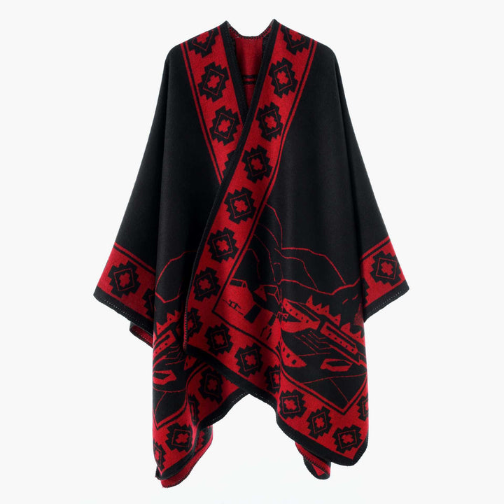Damen Jacquard‑Strickponcho mit offenem Fall und Bordüren‑Detail Echo Archiv