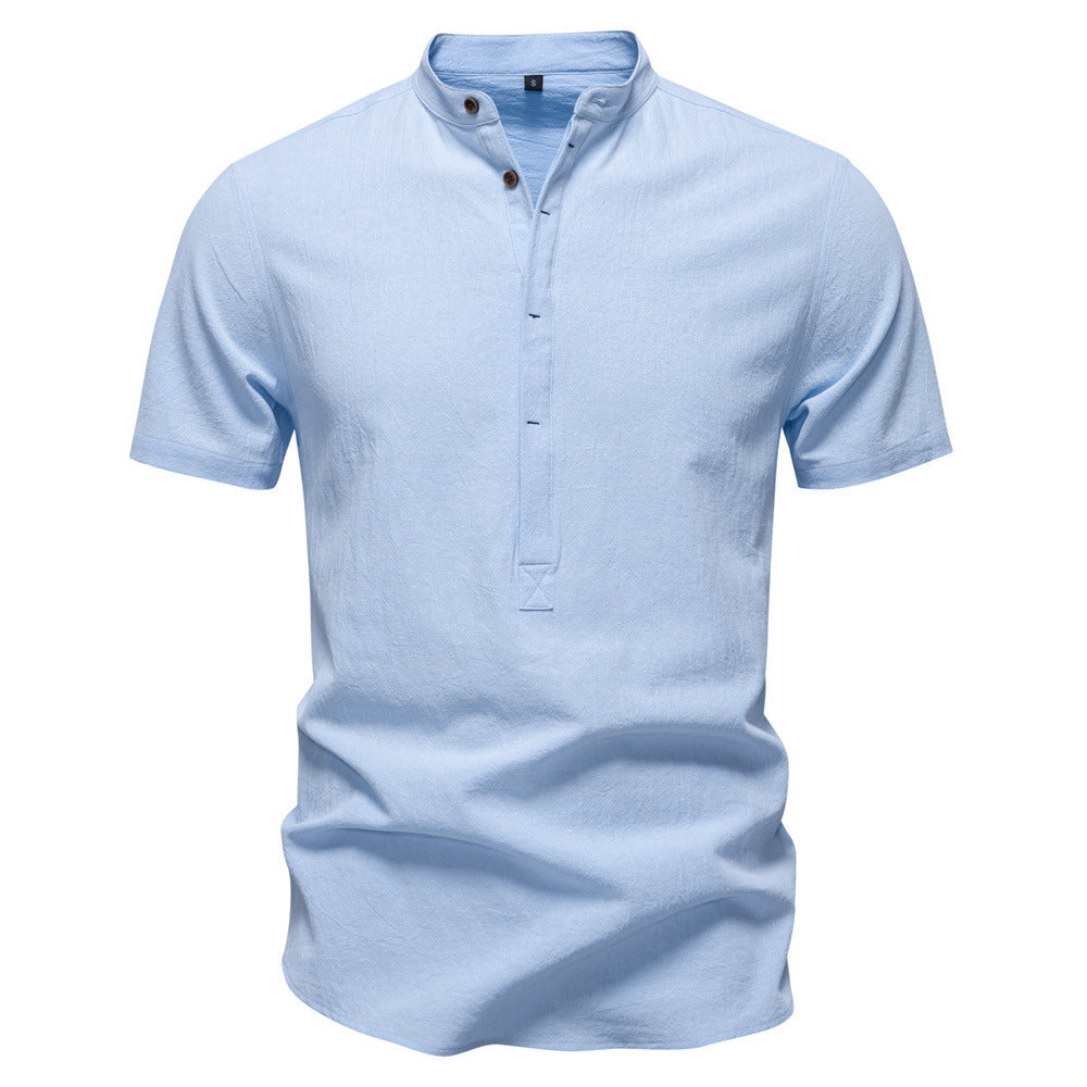 Herren nan lässiges Kurzarmshirt mit Stehkragen, halber Knopfleiste und leicht strukturierter Baumwoll-Leinen-Qualität Echo Archiv