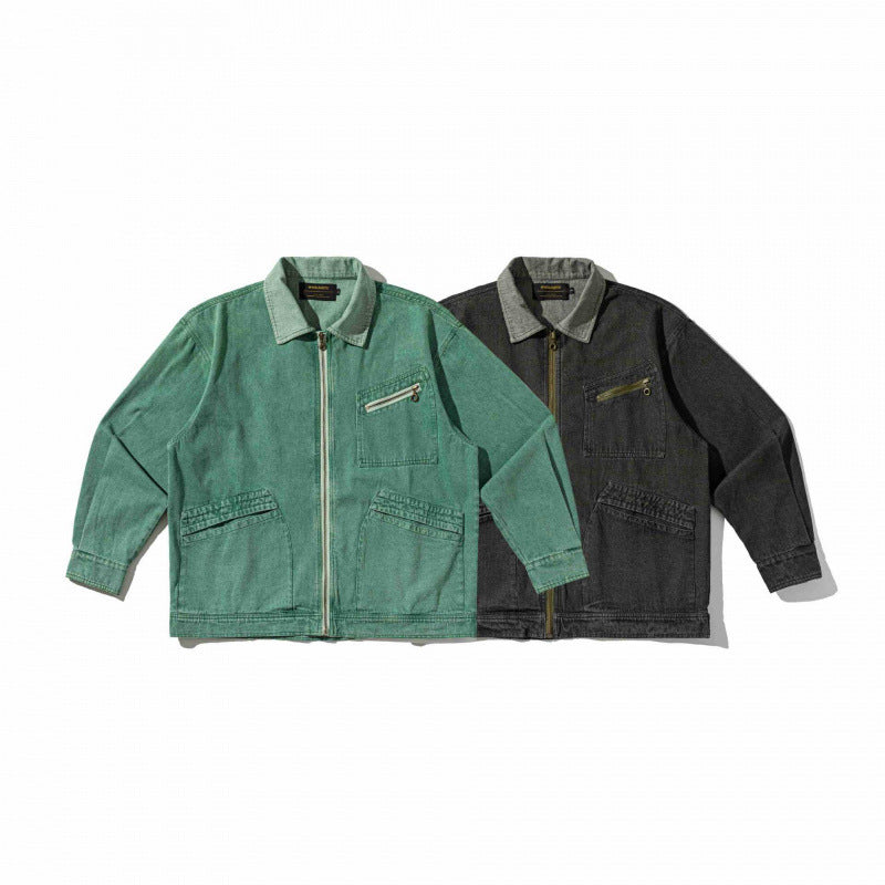 Unisex Kastenförmige Overshirt‑Jacke aus gewaschenem Denim mit Frontreißverschluss und Mehrfachtaschen Echo Archiv