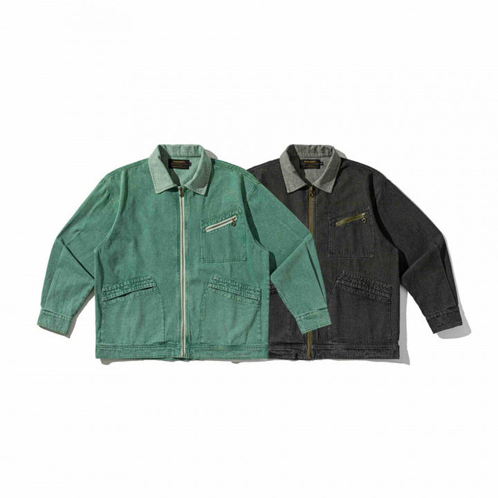 Unisex Kastenförmige Overshirt‑Jacke aus gewaschenem Denim mit Frontreißverschluss und Mehrfachtaschen Echo Archiv