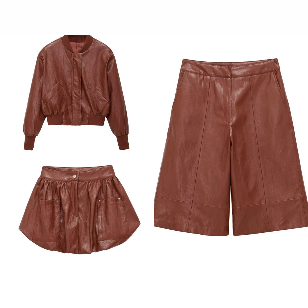Damen Oversized Lederimitat-Bomberjacke mit Rippbündchen und aufgesetzten Taschen Echo Archiv