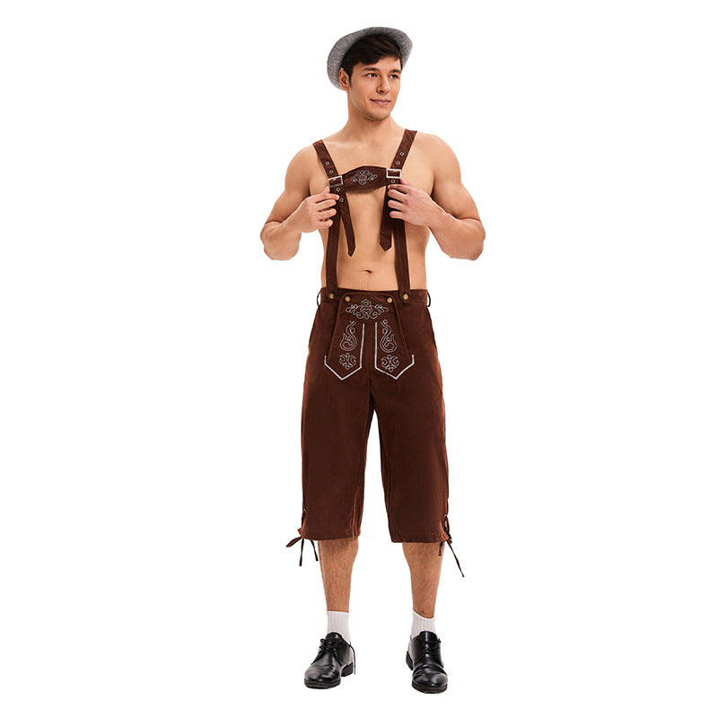 Herren nan knielange traditionelle Lederhose mit besticktem Brustlatz und verstellbaren Trägern Echo Archiv