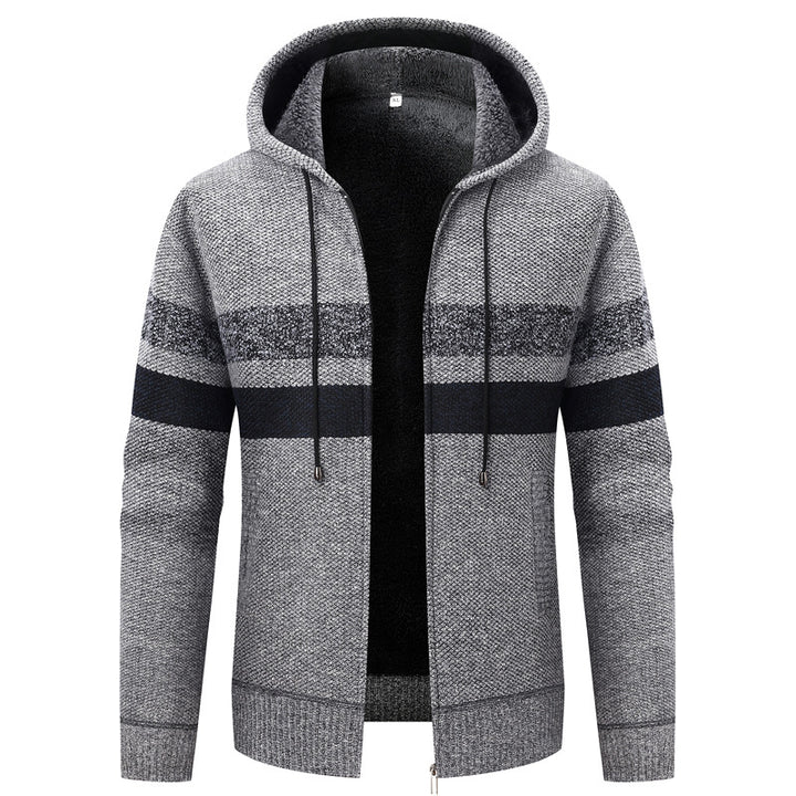 Herren Kapuzen-Strickjacke mit Teddyfutter, Reißverschluss und Kontraststreifen Echo Archiv