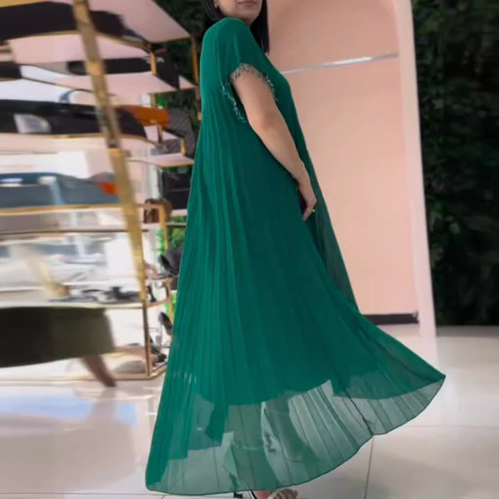 Damen nan elegantes Chiffon-Faltenmaxikleid mit weitem Schwingrock und Quastenärmeln Echo Archiv