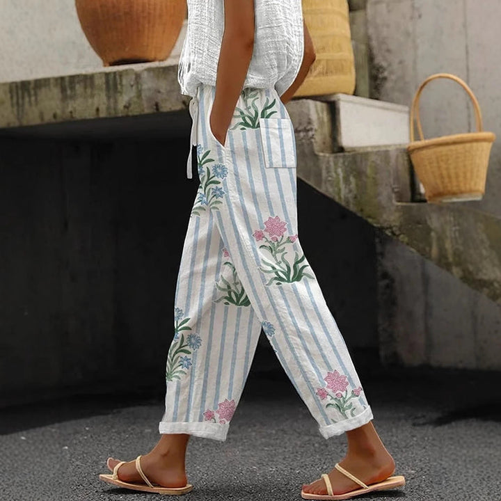 Damen Weite Leinenhose mit handgewebtem Muster Echoarchiv