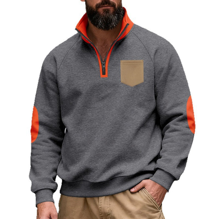 Herren nan Quarterzip-Sweatshirt mit Stehkragen, kontrastiertem Reißverschluss, Ellbogenpatches und Brusttasche Echo Archiv