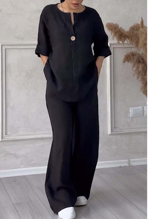 Damen nan lässiges Leinen-Relax-Set mit weiter Hose und Hemdbluse Echo Archiv