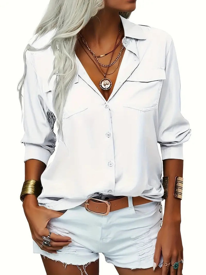 Damen nan leichte V-Ausschnitt Chiffonbluse mit Brusttaschen und geknöpftem Frontverschluss Echo Archiv