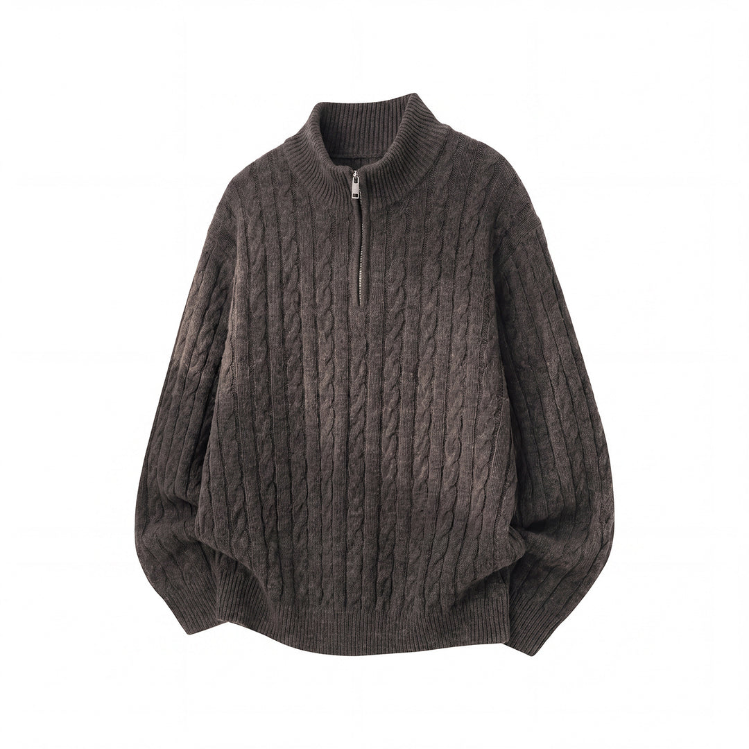 Unisex Lässiger Zopfmuster-Halbzip-Pullover mit hohem Rippkragen und Oversize-Schnitt Echo Archiv