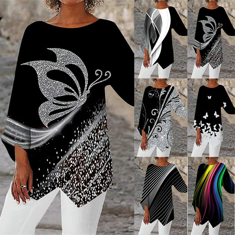 Damen asymmetrisches A-Linien-Tunika mit ornamentalem Druck und spitzem Saum Echoarchiv
