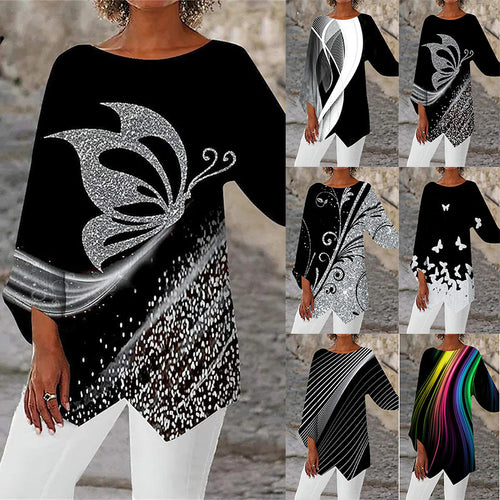 Damen asymmetrisches A-Linien-Tunika mit ornamentalem Druck und spitzem Saum Echoarchiv