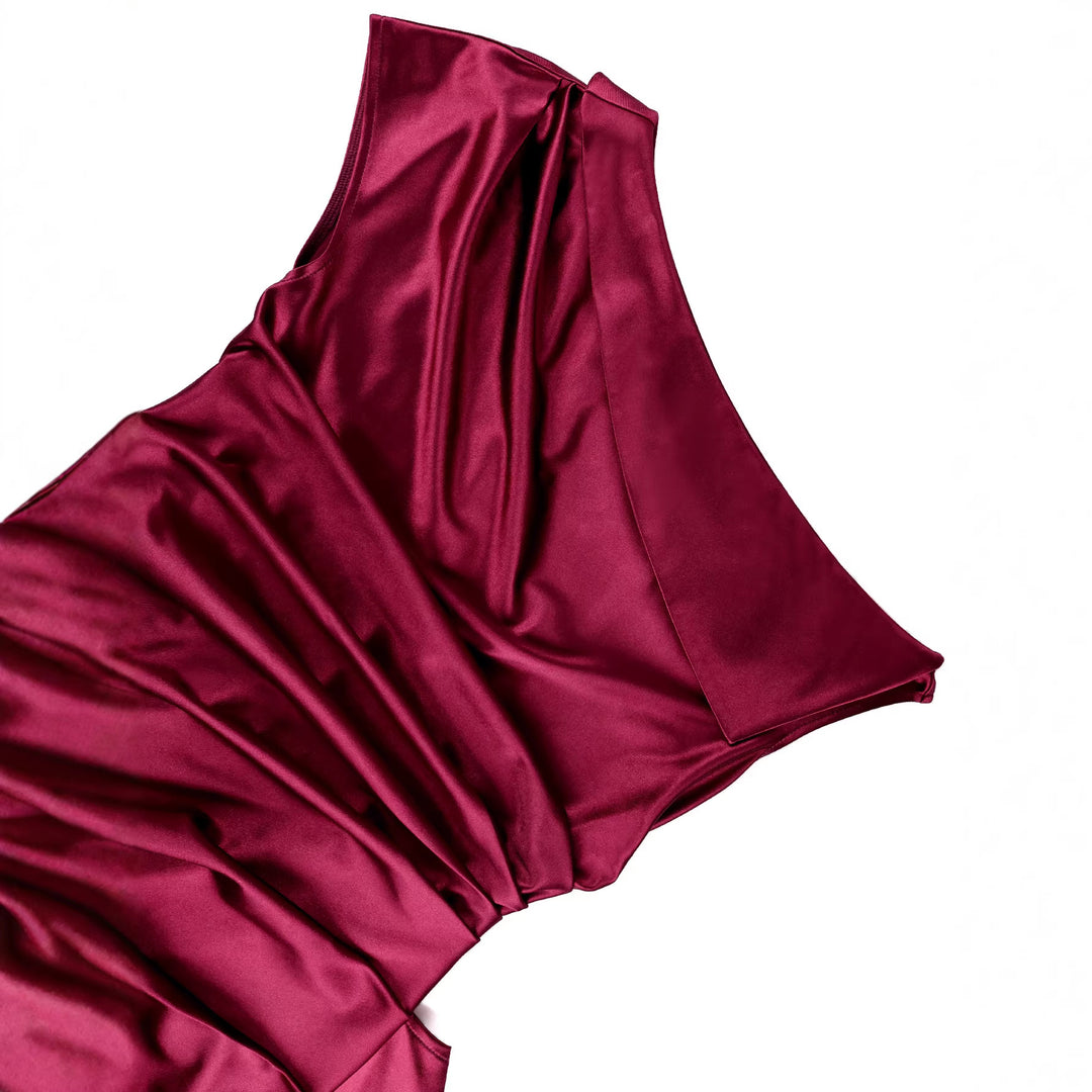 Damen elegantes Satin Abendkleid mit asymmetrischen Rüschendetails Echo Archiv