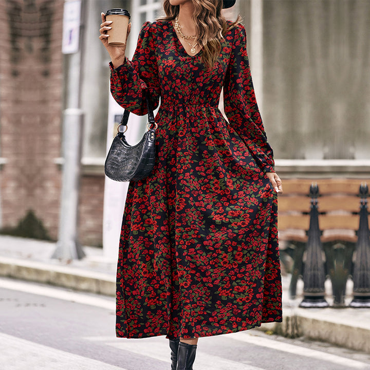 Damen Langes florales Maxikleid mit V-Ausschnitt, gerafftem Smokbund und fließendem A‑Linien‑Rock Echoarchiv