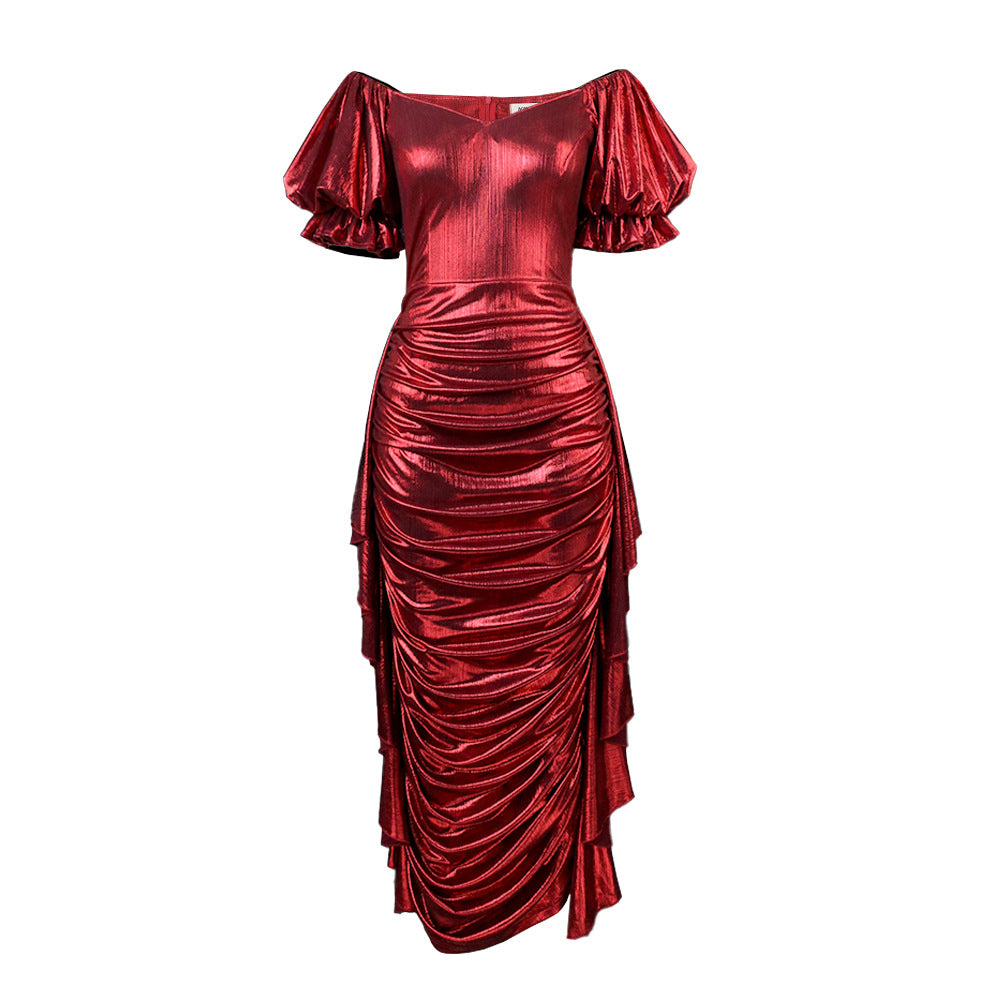 Damen elegantes Kleid mit voluminösen Ballonärmeln und asymmetrischem Saum Echo Archiv