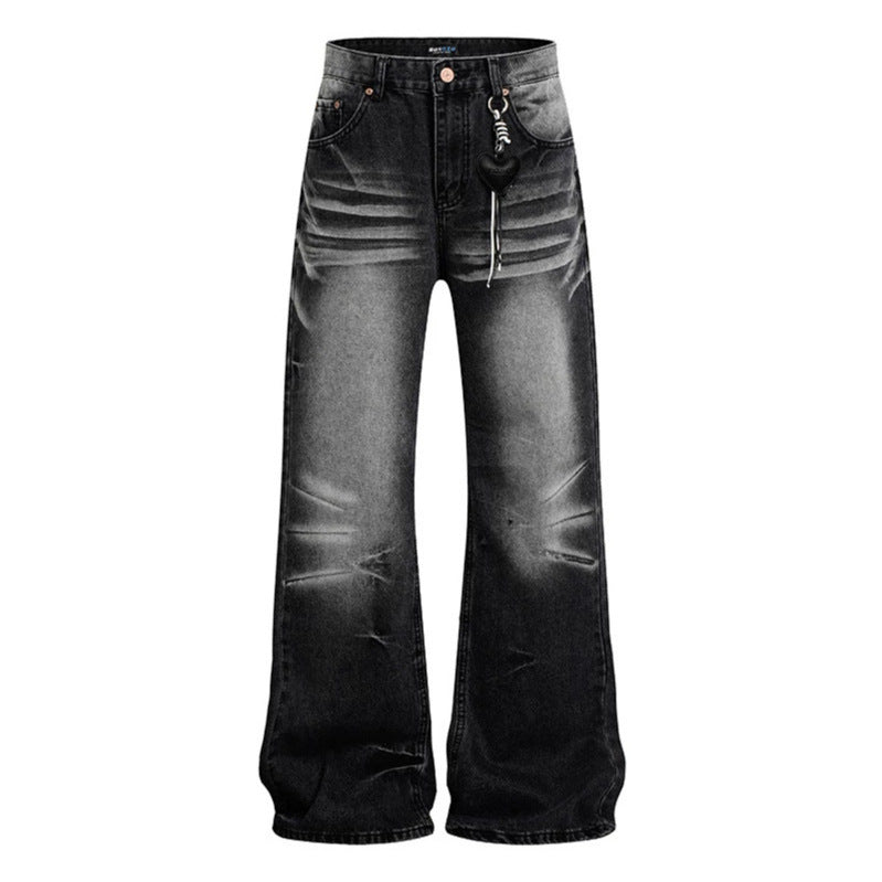 Damen Weite Vintage-Jeans im Schlagstil mit Used-Wash und Herz-Anhänger Echoarchiv