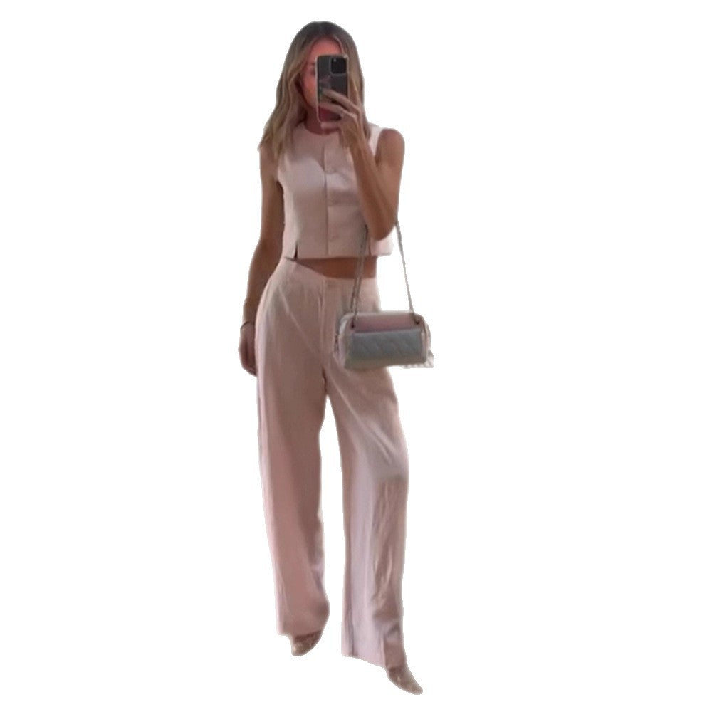 Damen Hochtaillierte weite Sommerhose mit Bügelfalte und Eingrifftaschen Echoarchiv