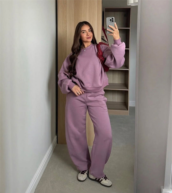 Damen Cropped-Sweatshirt mit hohem Rundhalsausschnitt und elastischer Tunnelzug Wide-Leg Jogginghose Set – Avérine