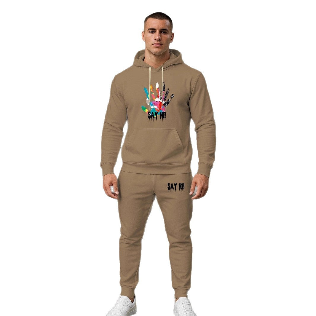 Herren lässiger Kapuzenpullover mit passender Jogginghose und grafischem Print Echoarchiv