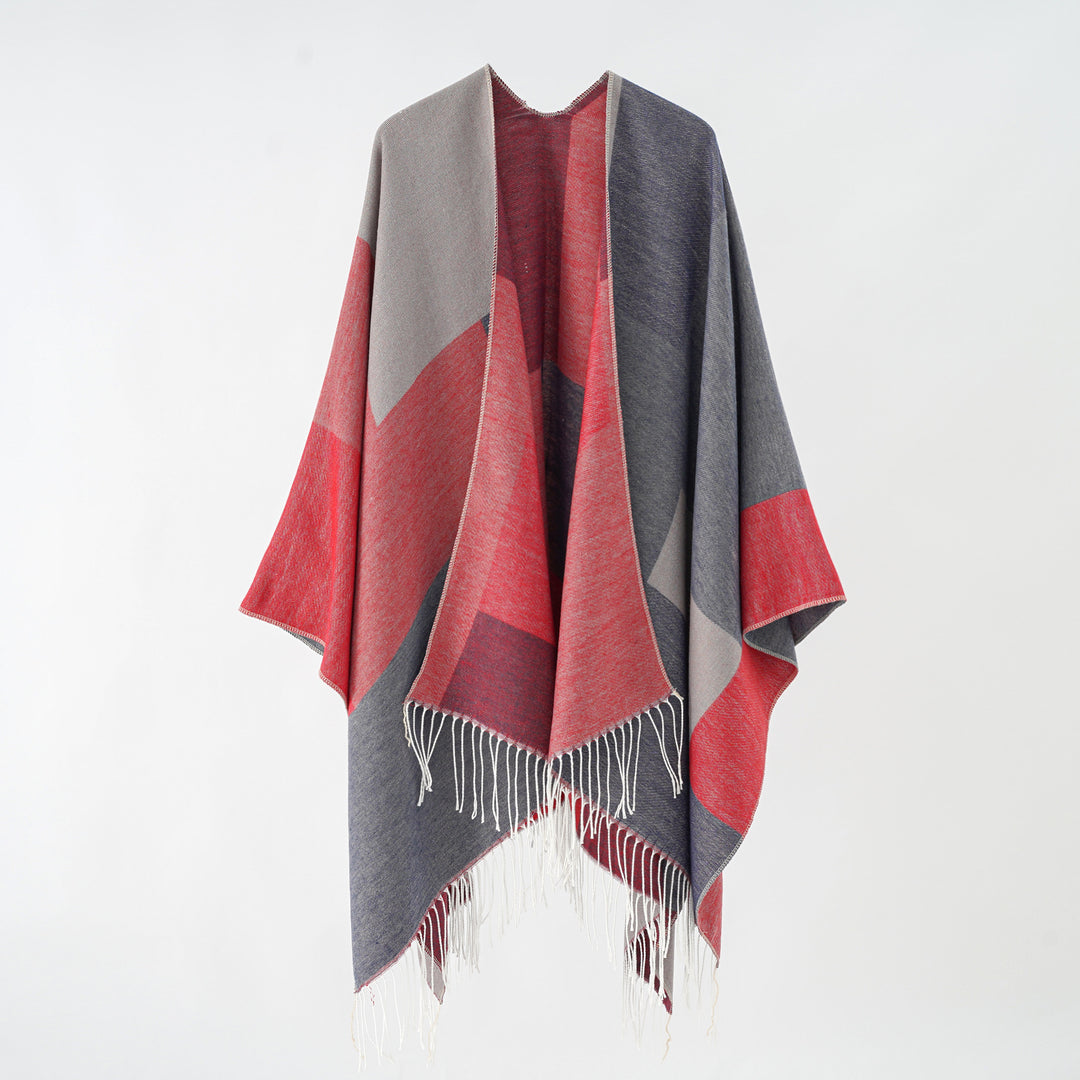 Damen Großer Wolloptik-Poncho mit geometrischem Blockmuster und Fransensaum – Célinea