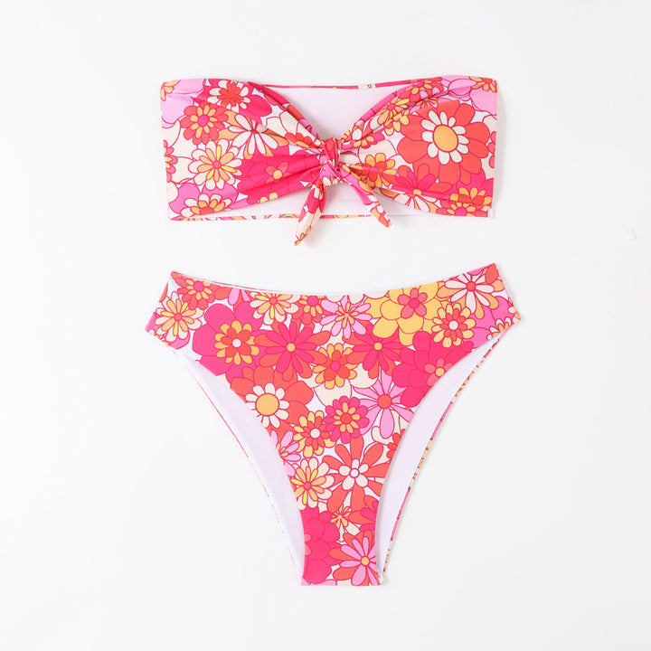 Damen Bandeau Bikini mit modischem Blumenmuster und verspieltem Knotendetail Echo Archiv