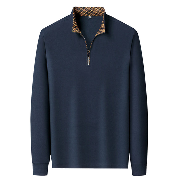 Herren Langarm-Halbzip-Pullover mit Stehkragen und kariertem Innenkragen – Marzano